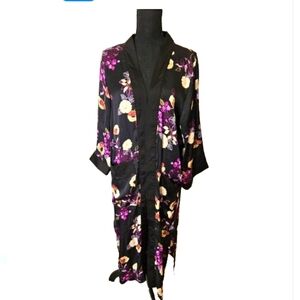 DJ & Juju Black Pink Floral Kimono Sleepwear Feminine Flowy Oversized Kimono SzM